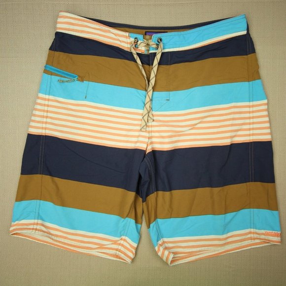 Patagonia Other - Patagonia Wavefarer Board Shorts Men's Size 34 Brown Blue Stripe Drawstring